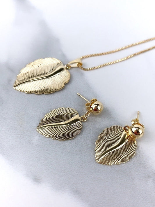 18k Gold Filled 1mm Box Chain with Texturized Leaf Shape Design Pendant & Leaf Earrings Set, Wholesale Jewelry Making Supplies