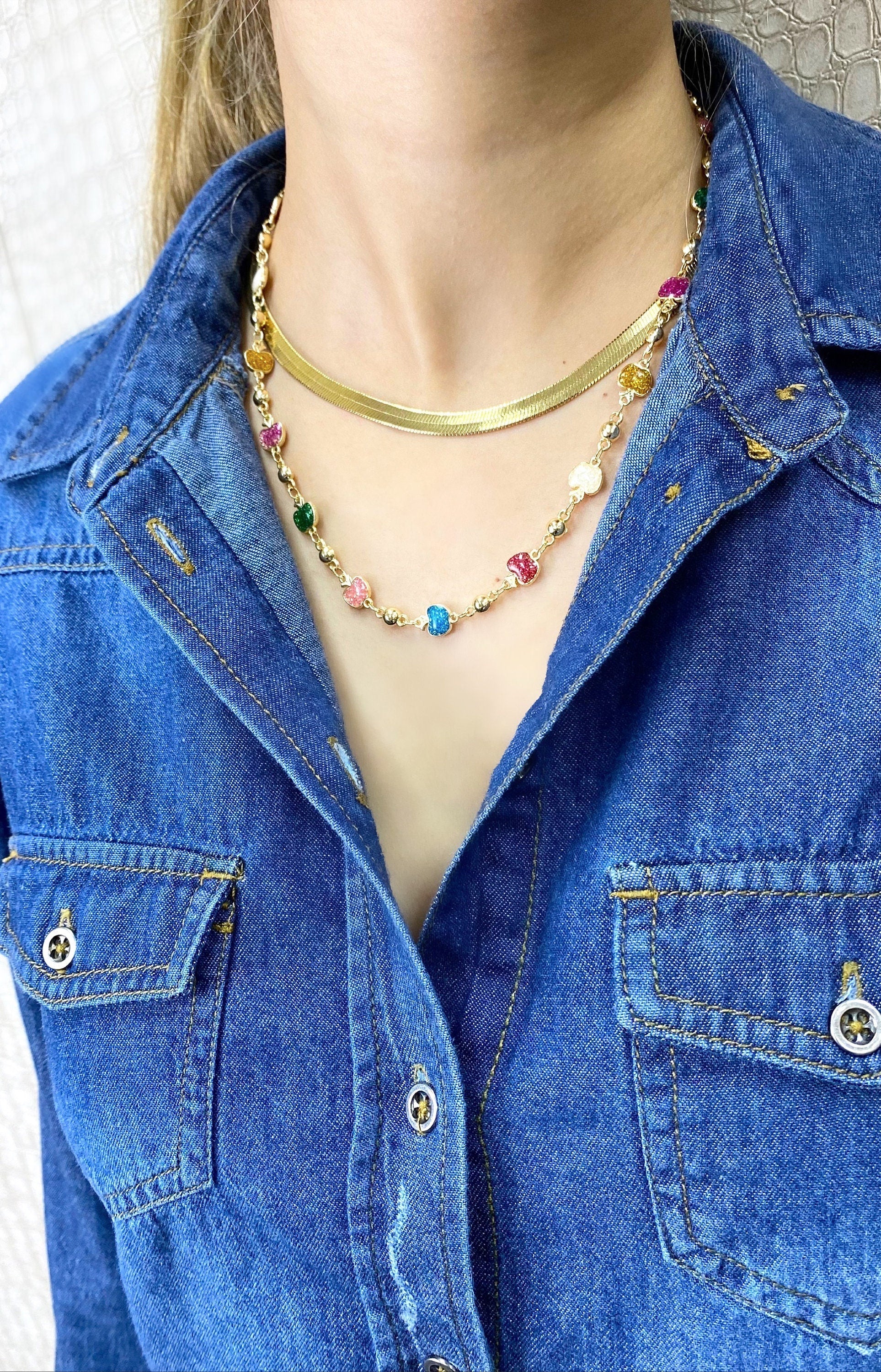 18k Gold Filled Ball Chain with Colorful Sparkle Simulated Druse Stones Apple Necklace Wholesale Jewelry Supplies