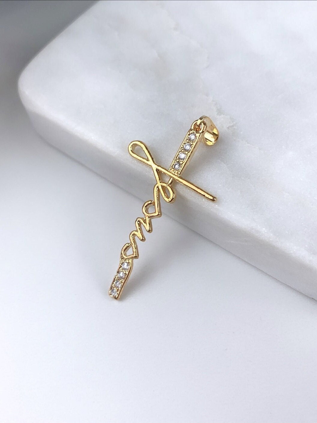 18k Gold Filled,Cubic Zirconia, Description Jesus Cross, Charm Pendant, Curve Snake Chain, Wholesale Jewelry Making Supplies