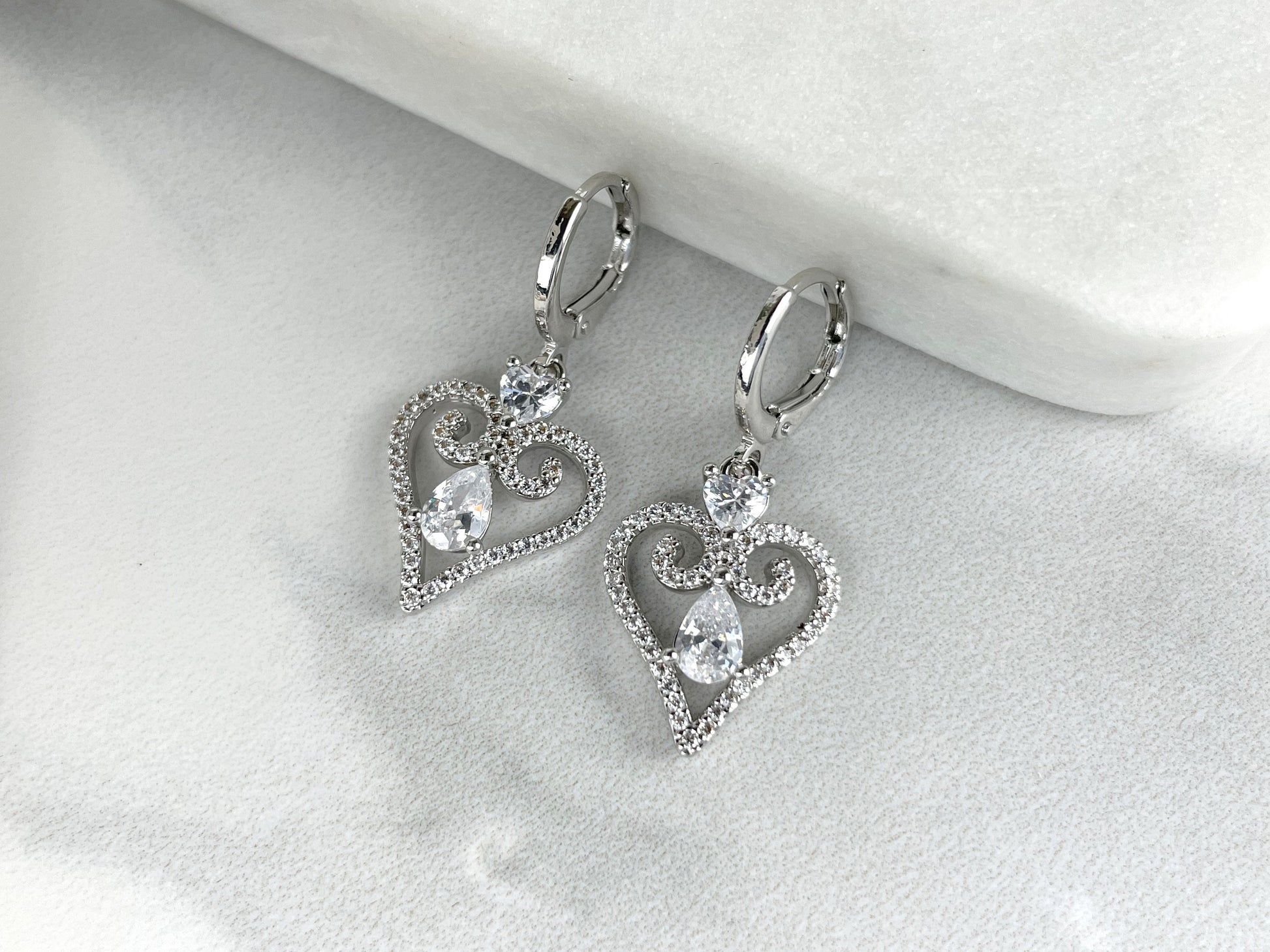 Silver Filled Clear Cubic Zirconia Details, Dangle Fancy Heart Earrings Jacket Lever Back, Wholesale Jewelry Making  Supplies