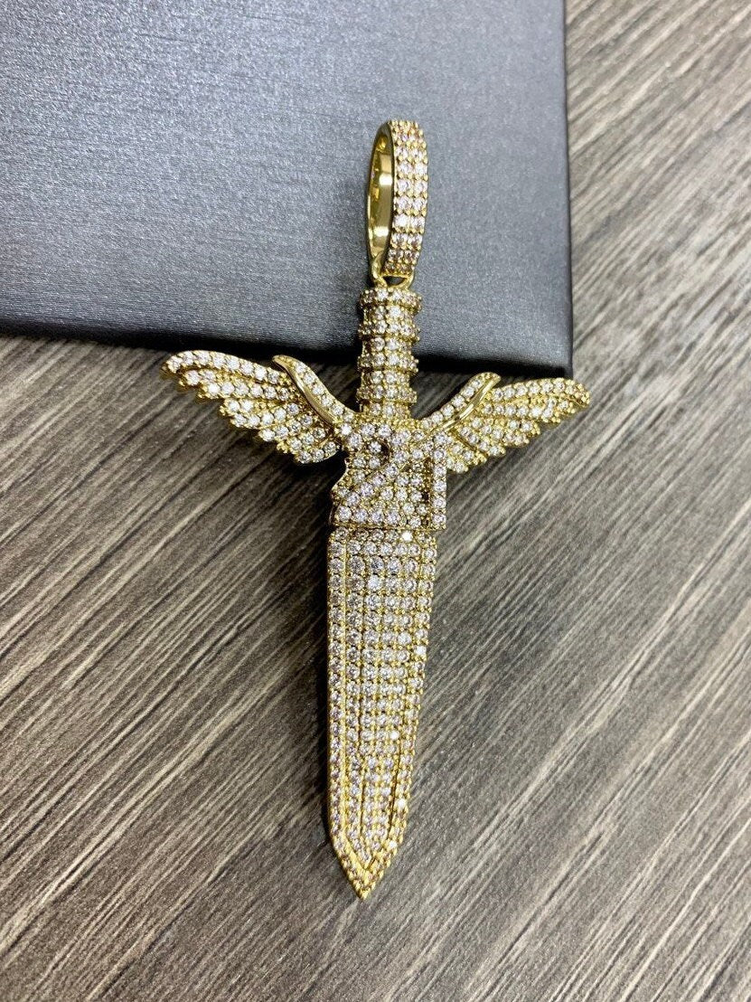 18k Gold Filled Micro Pave Cubic Zirconia Iced Out Sword with Wings Pendant, Hip Hop, Men's Jewelry, Wholesale Jewelry Making Supplies