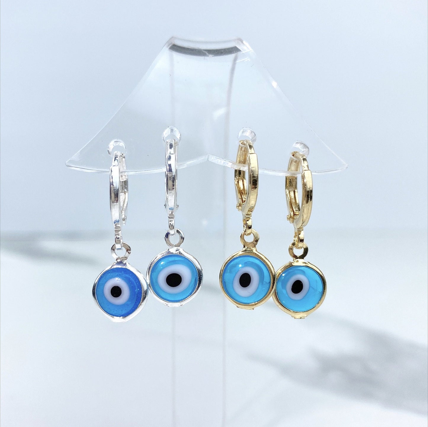 18k Gold Filled Dangling Earrings Featuring 12mm Greek Blue Eyes, Protection & Lucky Earrings, Wholesale Jewelry Making Supplies