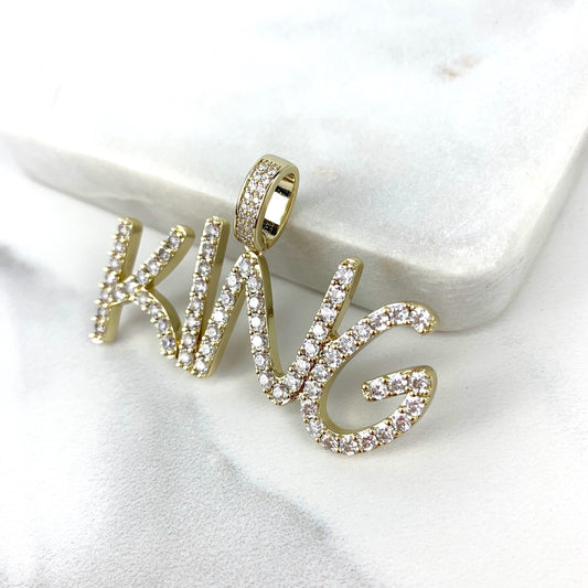 18k Gold Filled Clear Cubic Zirconia "King" Name Pendant Hip Hop, Wholesale Jewelry Making Supplies