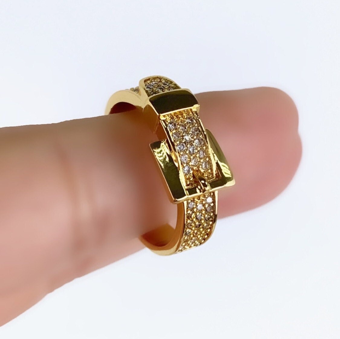 18k Gold Filled Lighter Belt Buckle Ring Featuring Cubic Zirconia on Top Wholesale Jewelry Supplies