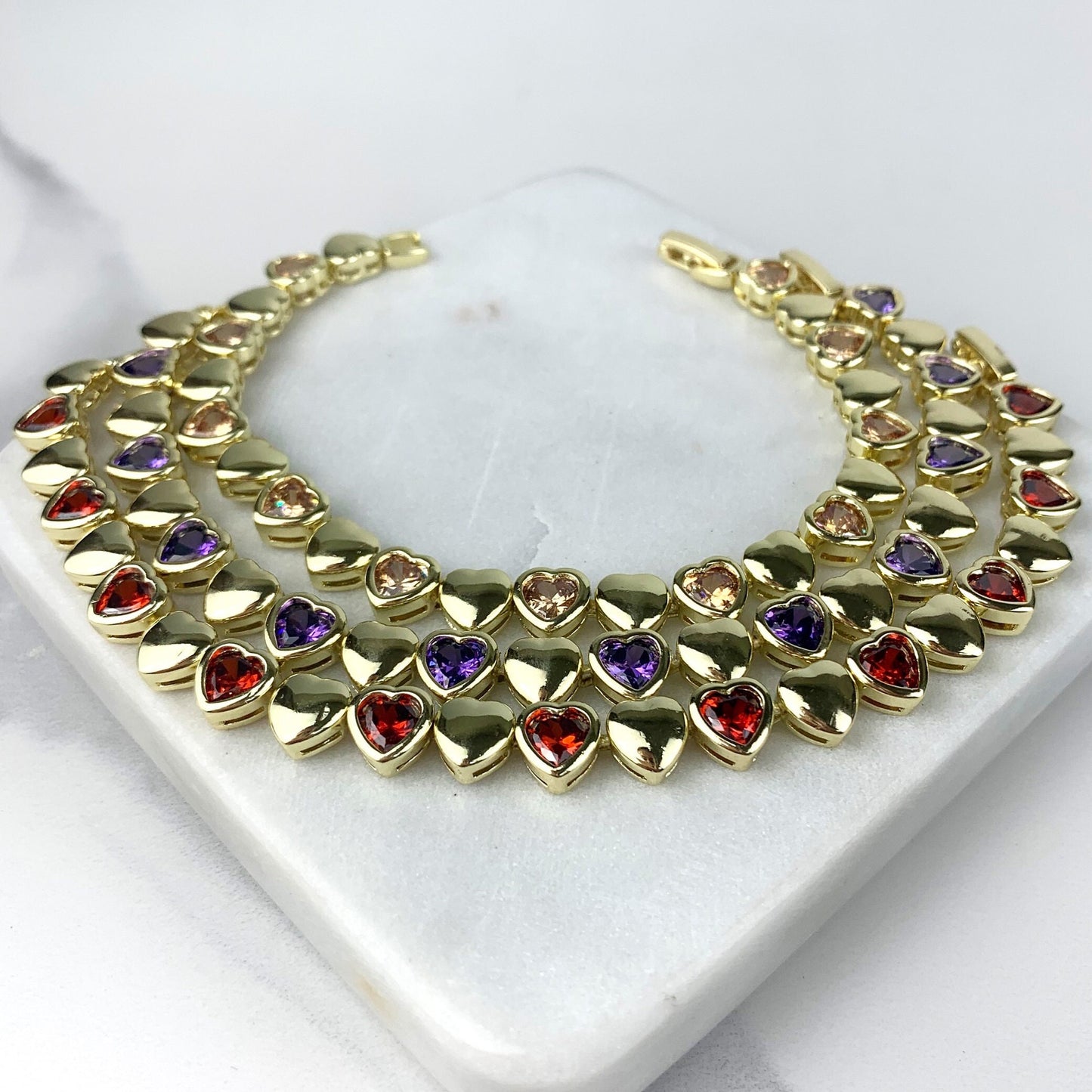 18k Gold Filled Purple, Red or Beige Zirconia Heart Shape Bracelet Wholesale Jewelry Supplies