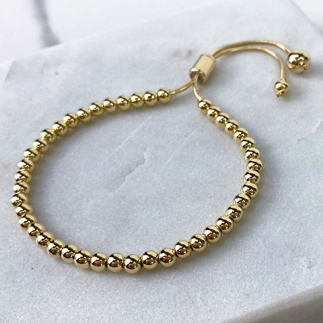 18k Gold Filled Small 4mm Gold Ball Adjustable Bracelet, Beaded Slide Clasp Bracelet, Stackable Design Bracelet Wholesale Jewelry Supplies