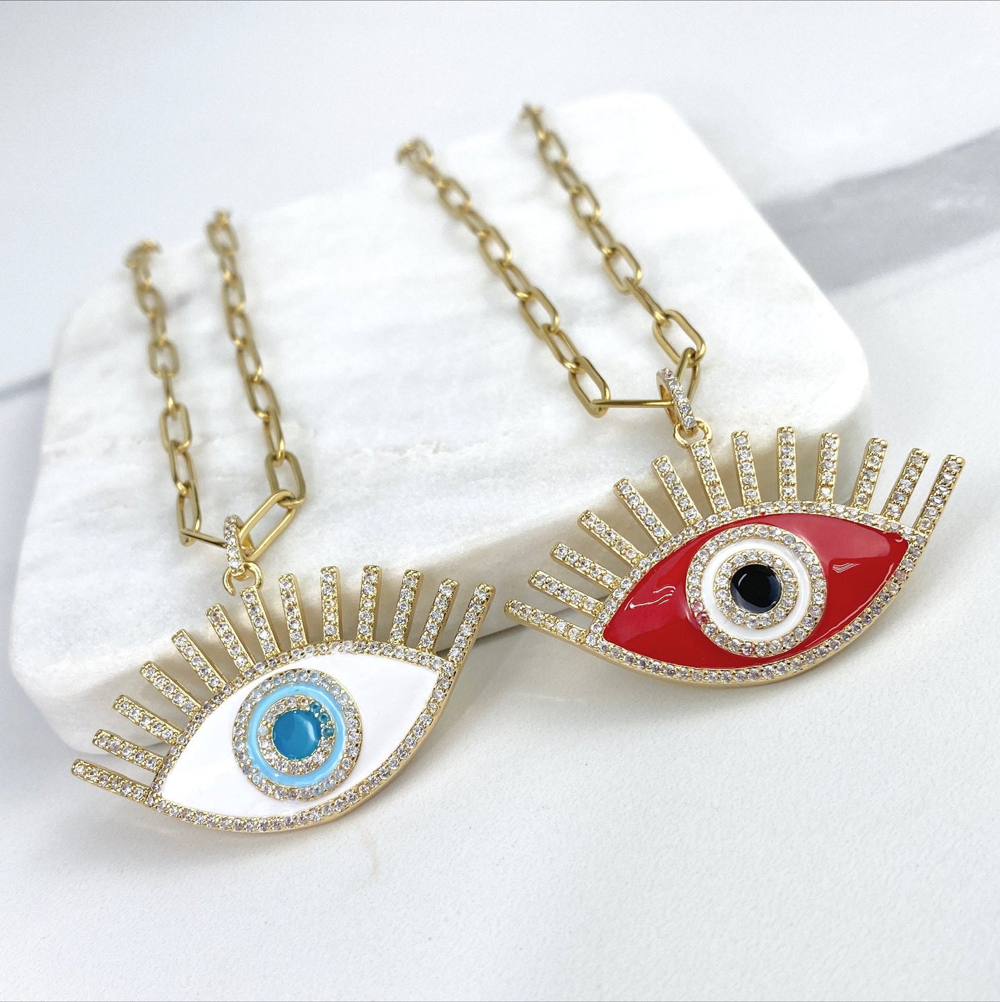Gold Plated On Stainless Steel 4mm Paperclip Chain 16 inches with Evil Eye Charms White or Red Necklace Wholesale Jewelry Making Supplies