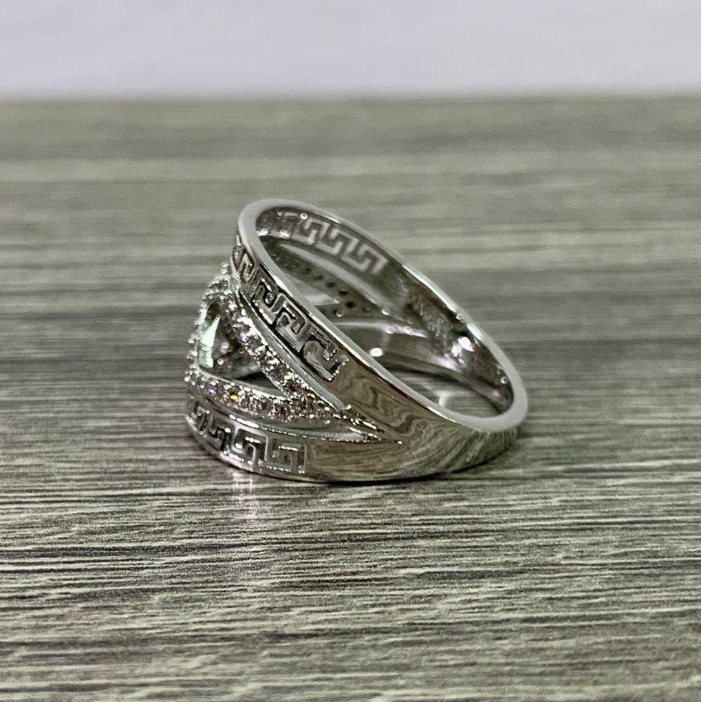Silver Filled with Clear Cubic Zirconia and Greek Key Design Details Ring Wholesale Jewelry Making Supplies