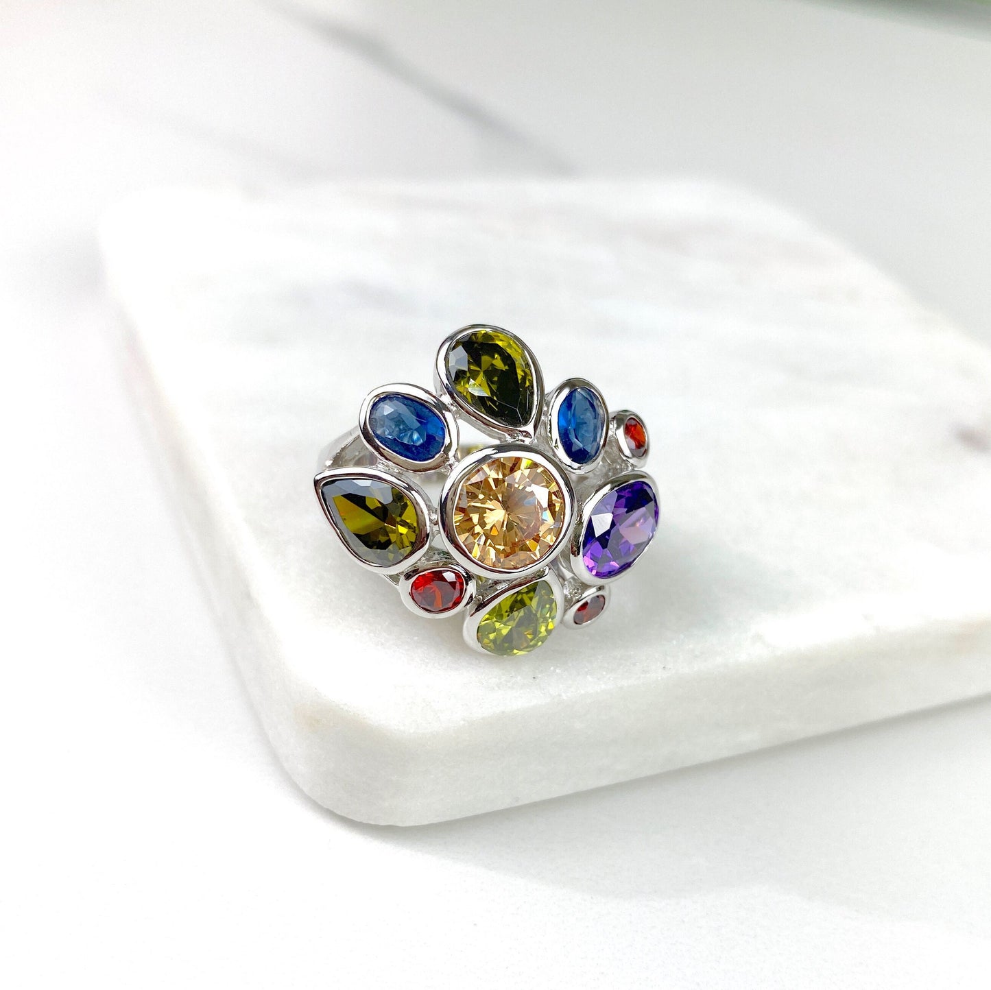 Silver Filled Colored Cubic Zirconia Flower Ring, Wholesale Jewelry Making Supplies
