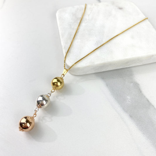 18k Gold Filled 1mm Box Chain with Three Tone Balls Charms Necklace, Gold, Silver & Rose Gold, Wholesale Jewelry Making Supplies