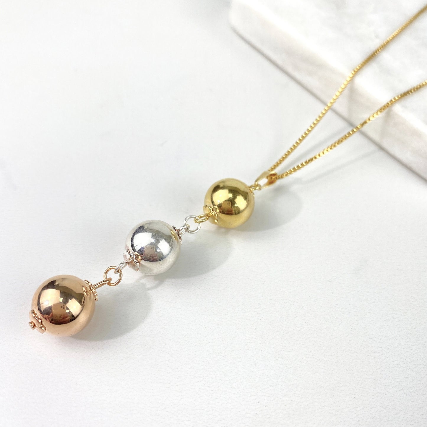 18k Gold Filled 1mm Box Chain with Three Tone Balls Charms Necklace, Gold, Silver & Rose Gold, Wholesale Jewelry Making Supplies