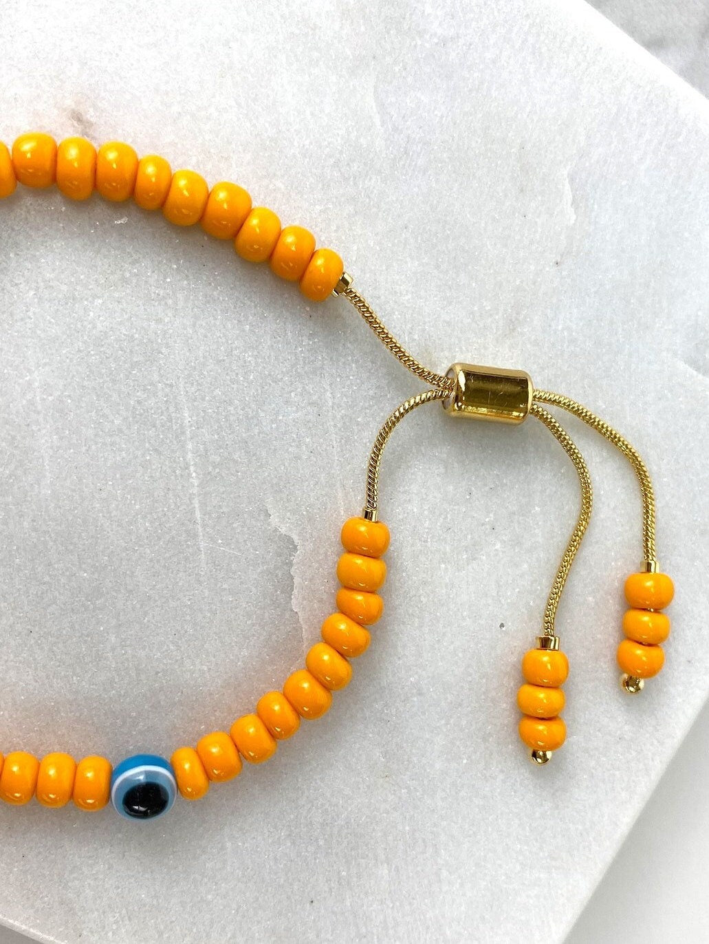 18k Gold Filled 1mm Snake Chain, Orange Beads, Blue Evil Eyes, Colored Adjustable Bracelet Wholesale Jewelry Supplies