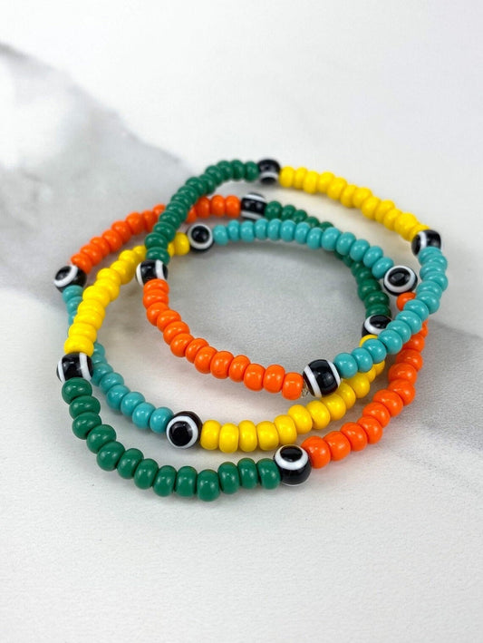 Green, Yellow, Orange and Turquoise Beads, Black Evil Eyes, Colored Adjustable Bracelet Wholesale Jewelry Supplies