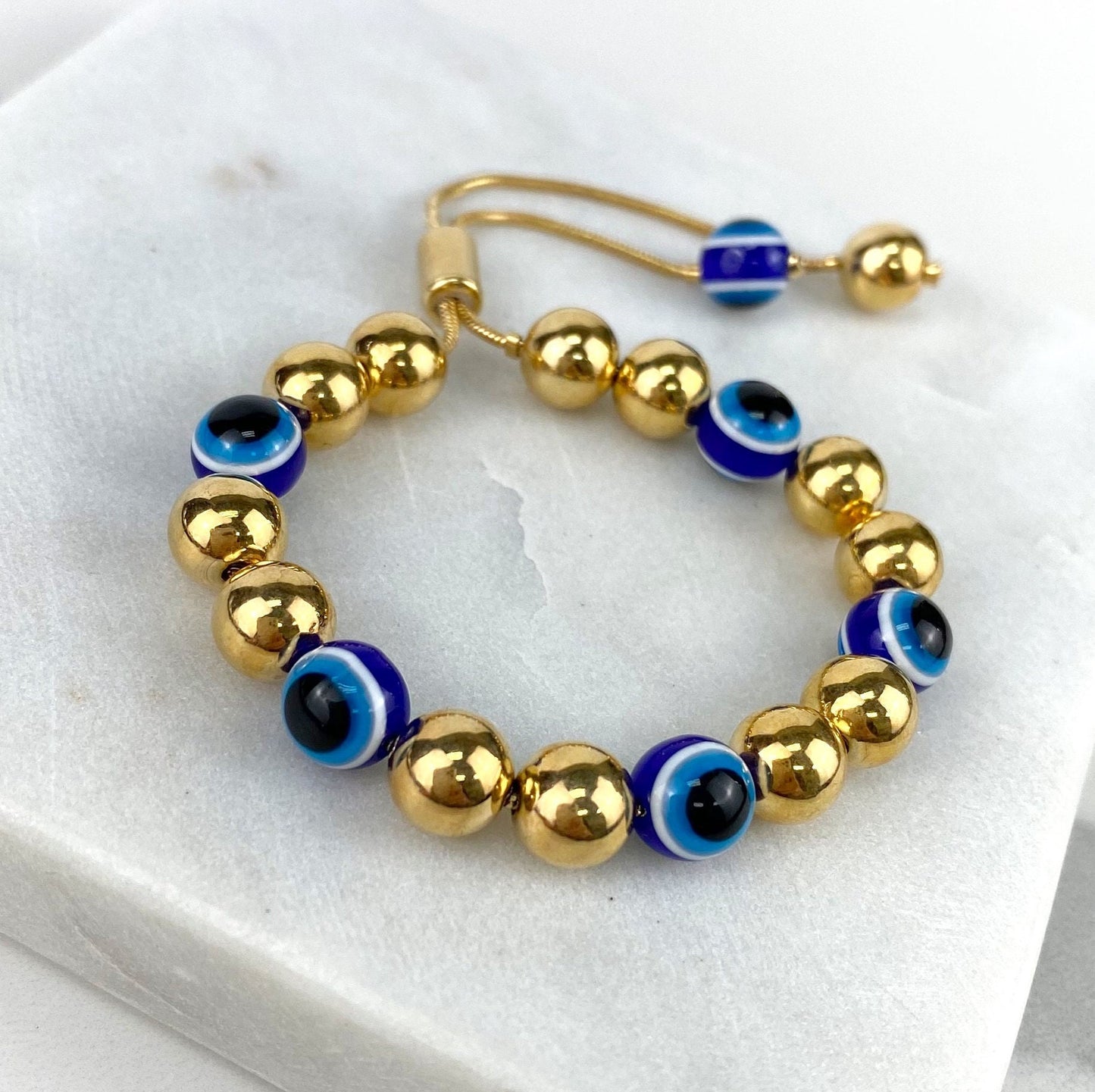Adjustable 18k Gold Filled Bead Evil Eye Bracelet Featuring Slide Clasp And Glass Blue Evil Eye Ball Wholesale Jewelry Making Supplies