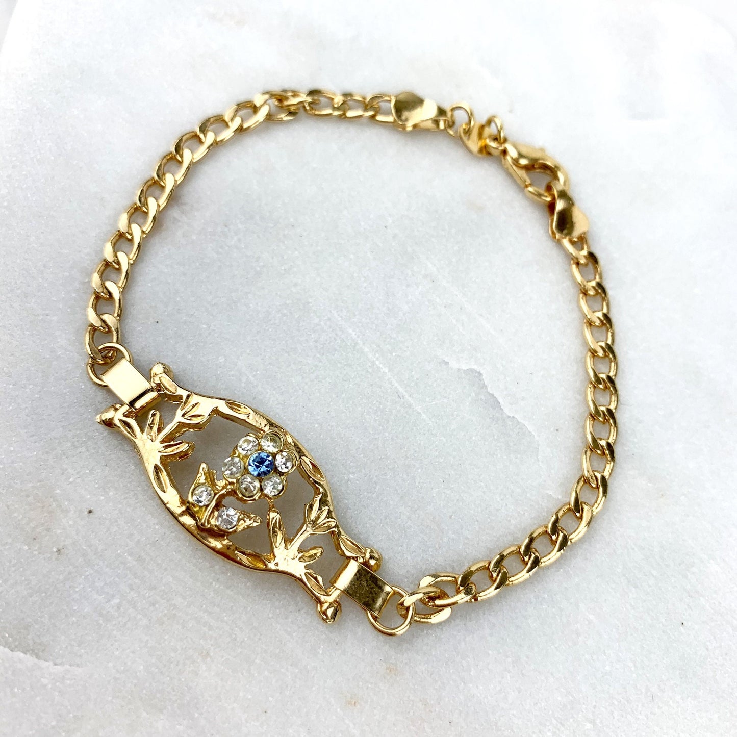 18k Gold Filled 4mm Curb Link, Blue Cubic Zirconia Flower Id Design Kids Bracelet Wholesale Jewelry Supplies