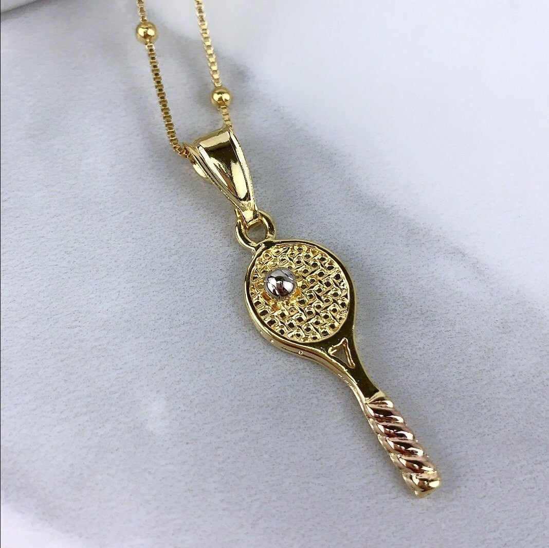 18k Gold Filled Three Tone, Tri-Color Tennis Racquet with Ball Pendant Charms, Sports Jewelry, Wholesale Jewelry Making Supplies