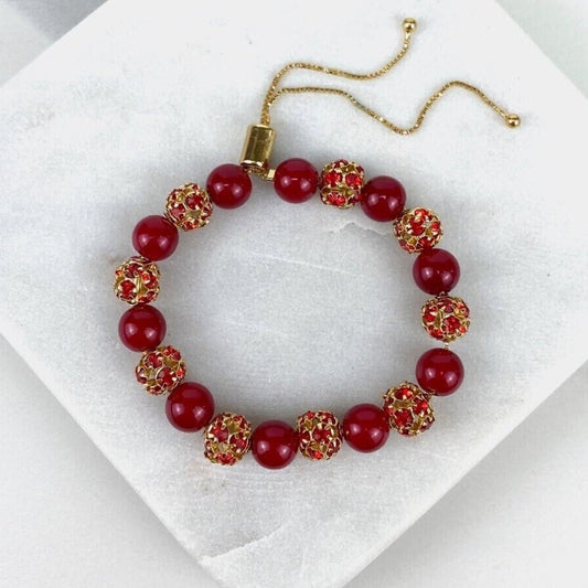 18k Gold Filled 1mm Box Chain Bracelet Featuring Red Cubic Zirconia Gold Ball And Simulated Red Carnelian Agata Adjustable Slide Clasp