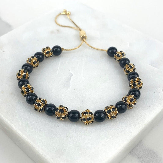 18k Gold Filled 1mm Snake Chain Black and Gold Beads Balls And Simulated Onyx Beads Adjustable Bracelet Wholesale Jewelry Supplies