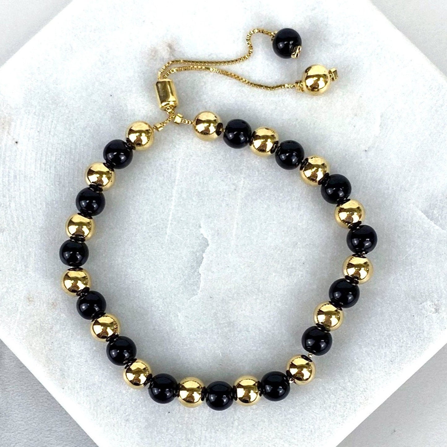 18k Gold Filled 1mm Box Chain Bracelet Featuring Simulated Onyx Black Bead Ball, Gold Beads, Adjustable Bracelet Wholesale Jewelry Supplies