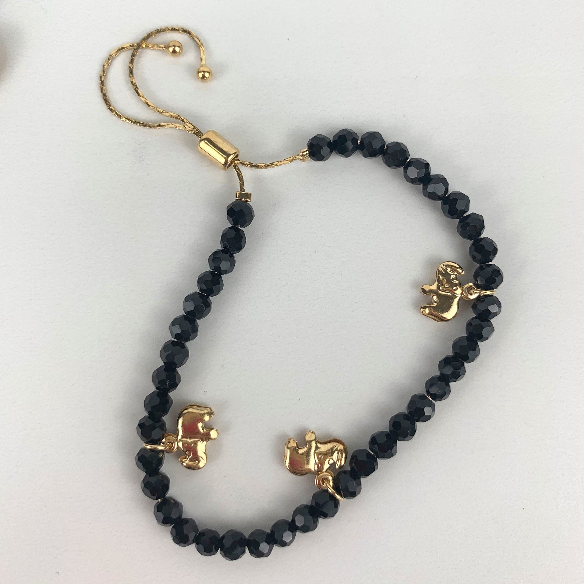 18k Gold Filled 1mm Snake Chain, Black Beads Adjustable Bracelet with Elephants, Cross or Dove Charms Wholesale Jewelry Supplies