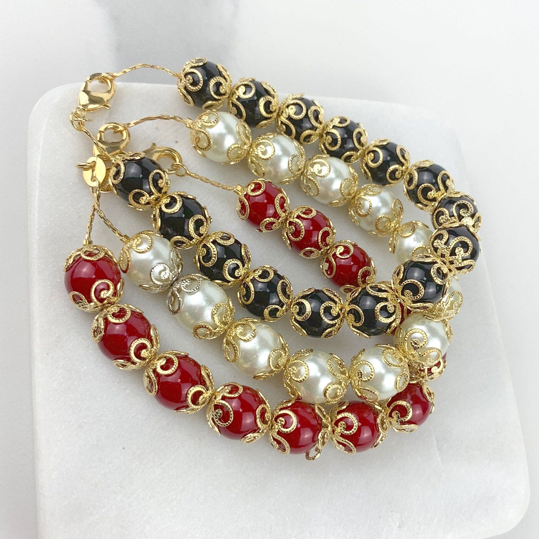 18k Gold Filled Embellished Bead Pearl Bracelet, Black, Pearl or Red, Wholesale Jewelry Making Supplies