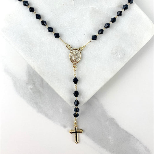 Fashion Rosary In 18k Gold Filled Featuring Black Beads Our Lady of Guadalupe (Virgen de Guadalupe) And Cross Wholesale Jewelry Supplies