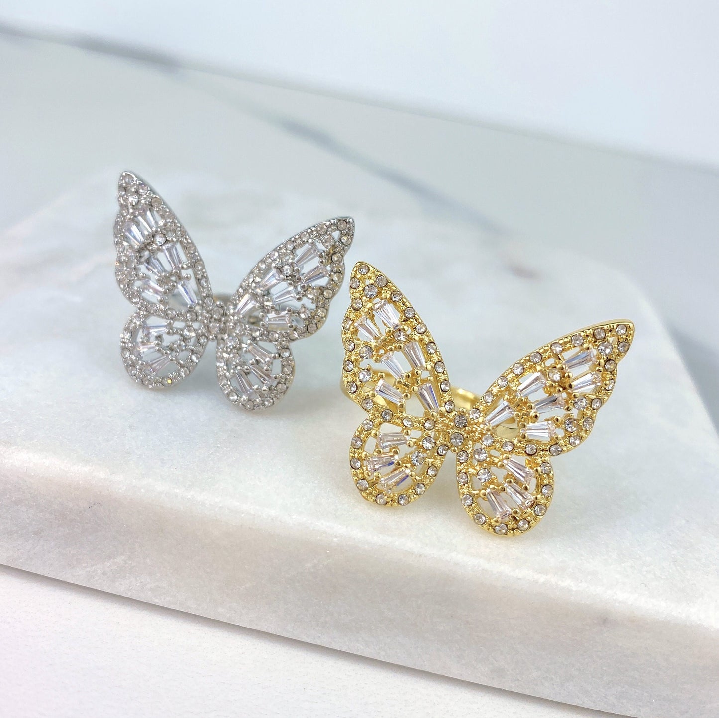 18k Gold Filled Micro Pave Cubic Zirconia Butterfly Adjustable Ring, Gold or Silver, Wholesale Jewelry Making Supplies