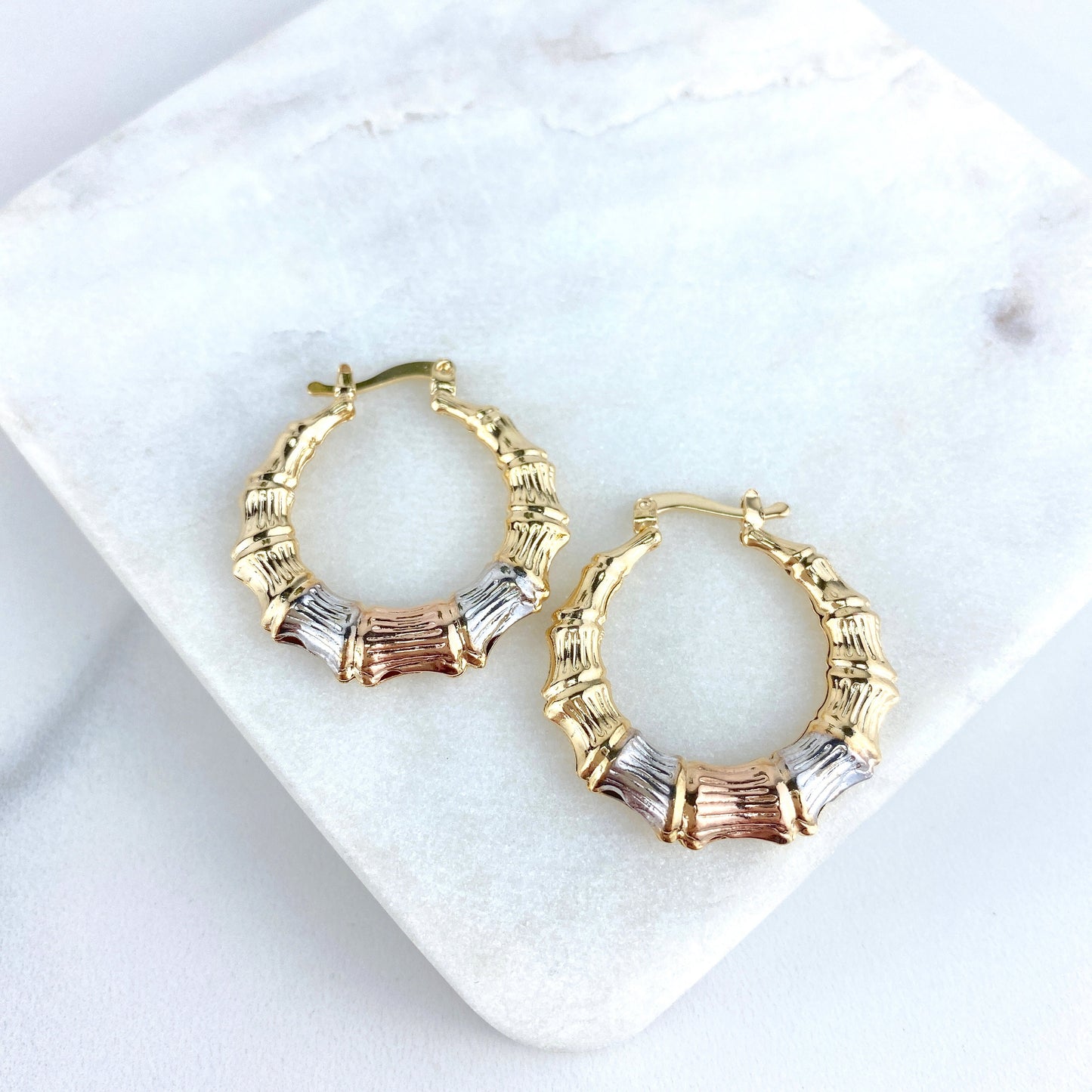 18k Gold Three Tone Filled Bamboo Style Lightweight 29mm Hoop Earrings Wholesale Jewelry Supplies