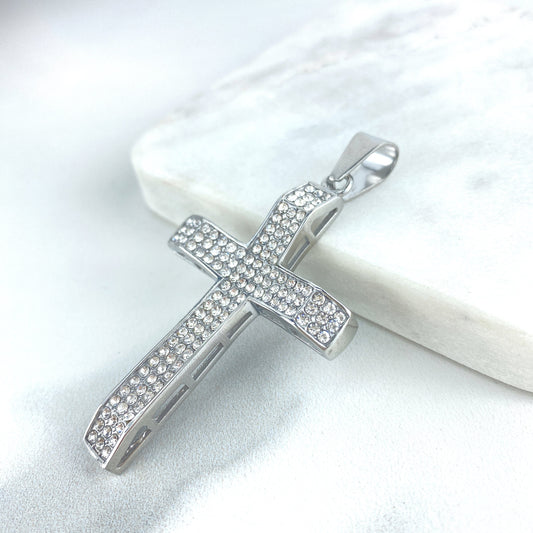 Iced Stainless Steel Silver Cubic Zirconia Cross Pendant, Hip Hop Men Style, Wholesale Jewelry Making Supplies