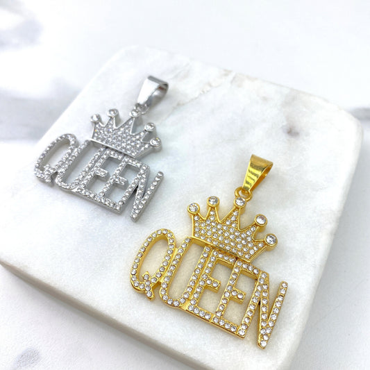 Gold Plated On Stainless Steel Cubic Zirconia Queen with Crown Pendant, Gold or Silver, Hip Hop, Wholesale Jewelry Making Supplies