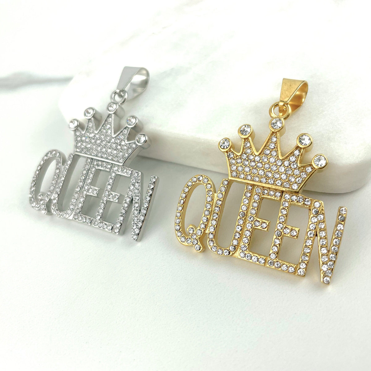 Gold Plated On Stainless Steel Cubic Zirconia Queen with Crown Pendant, Gold or Silver, Hip Hop, Wholesale Jewelry Making Supplies