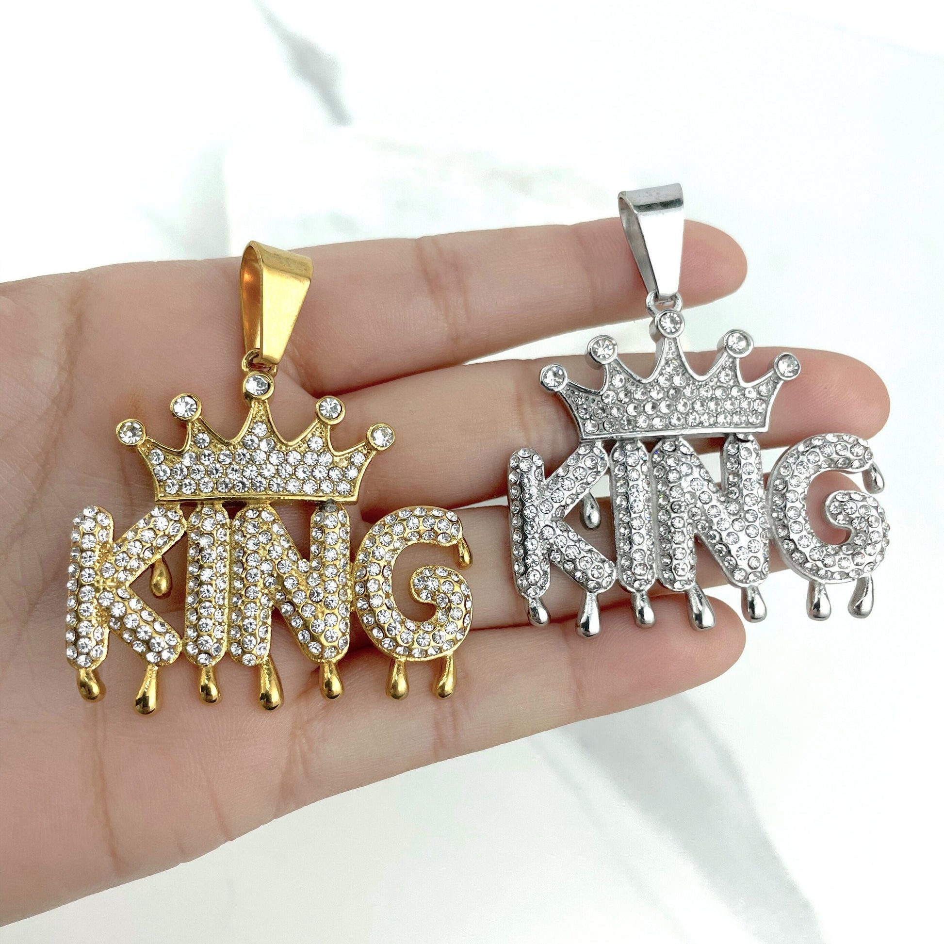 Gold Plated On Stainless Steel Cubic Zirconia Ice King with Crown Pendant, Gold or Silver, Hip Hop, Wholesale Jewelry Making Supplies