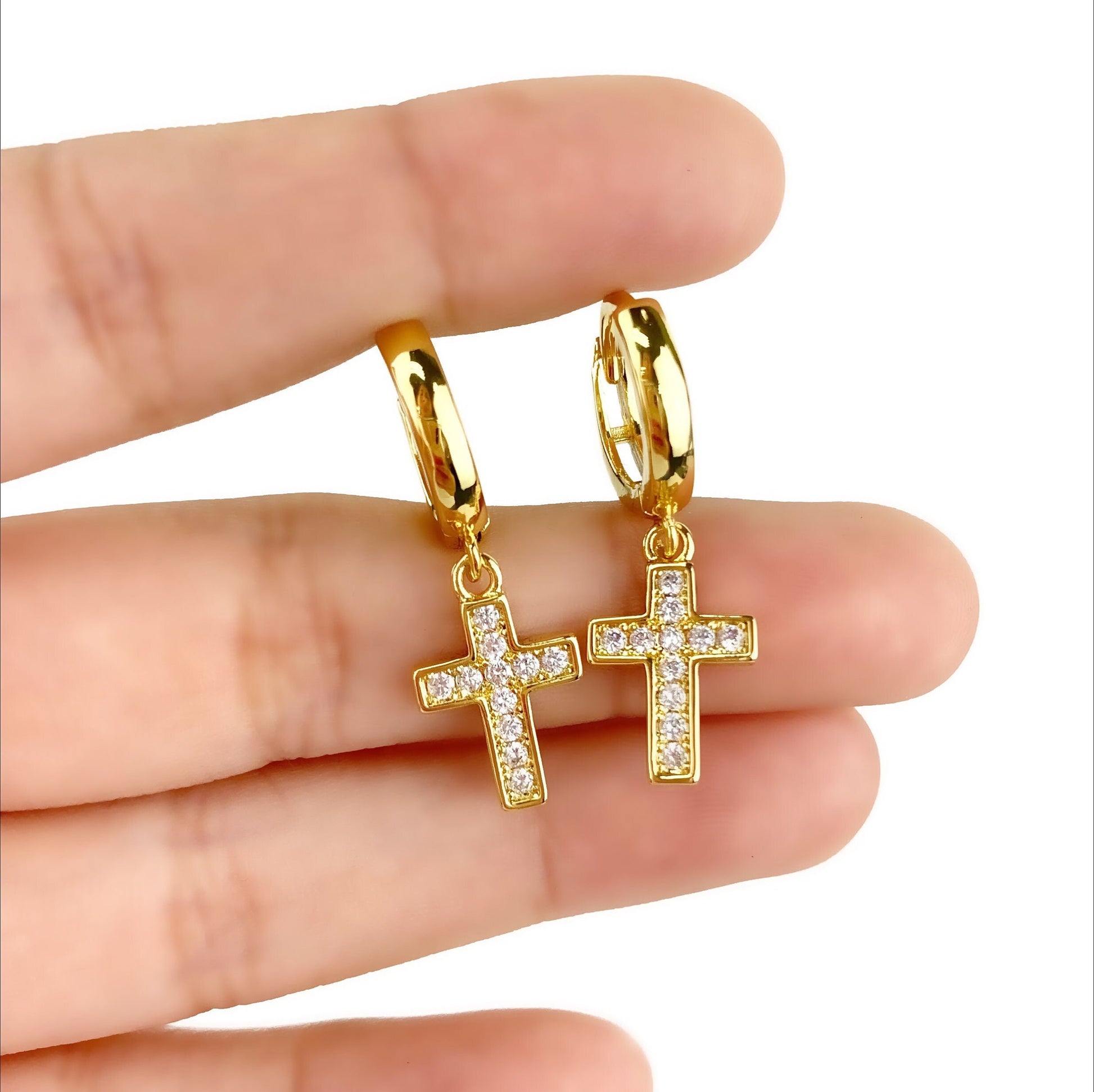 18k Gold Filled Cubic Zirconia Cross Drop, Huggie Earrings, Ear Charm, Wholesale Jewelry Making Supplies