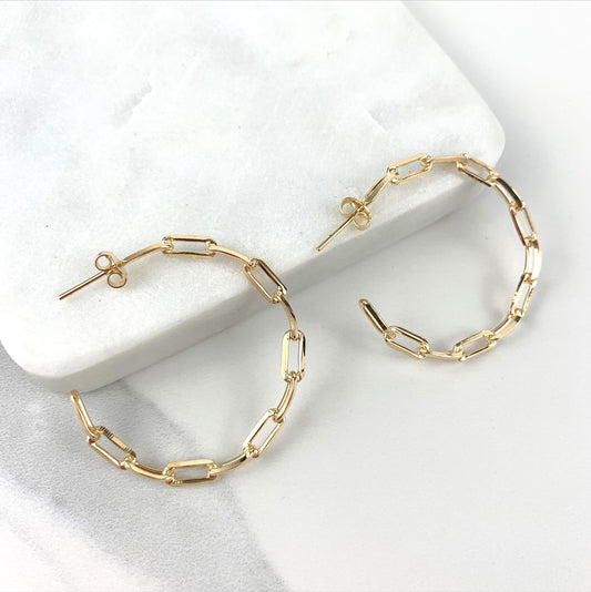 18k Gold Filled 40mm Paperclip Hoop Earrings, C-Hoop, Push Back Closure, Wholesale Jewelry Supplies