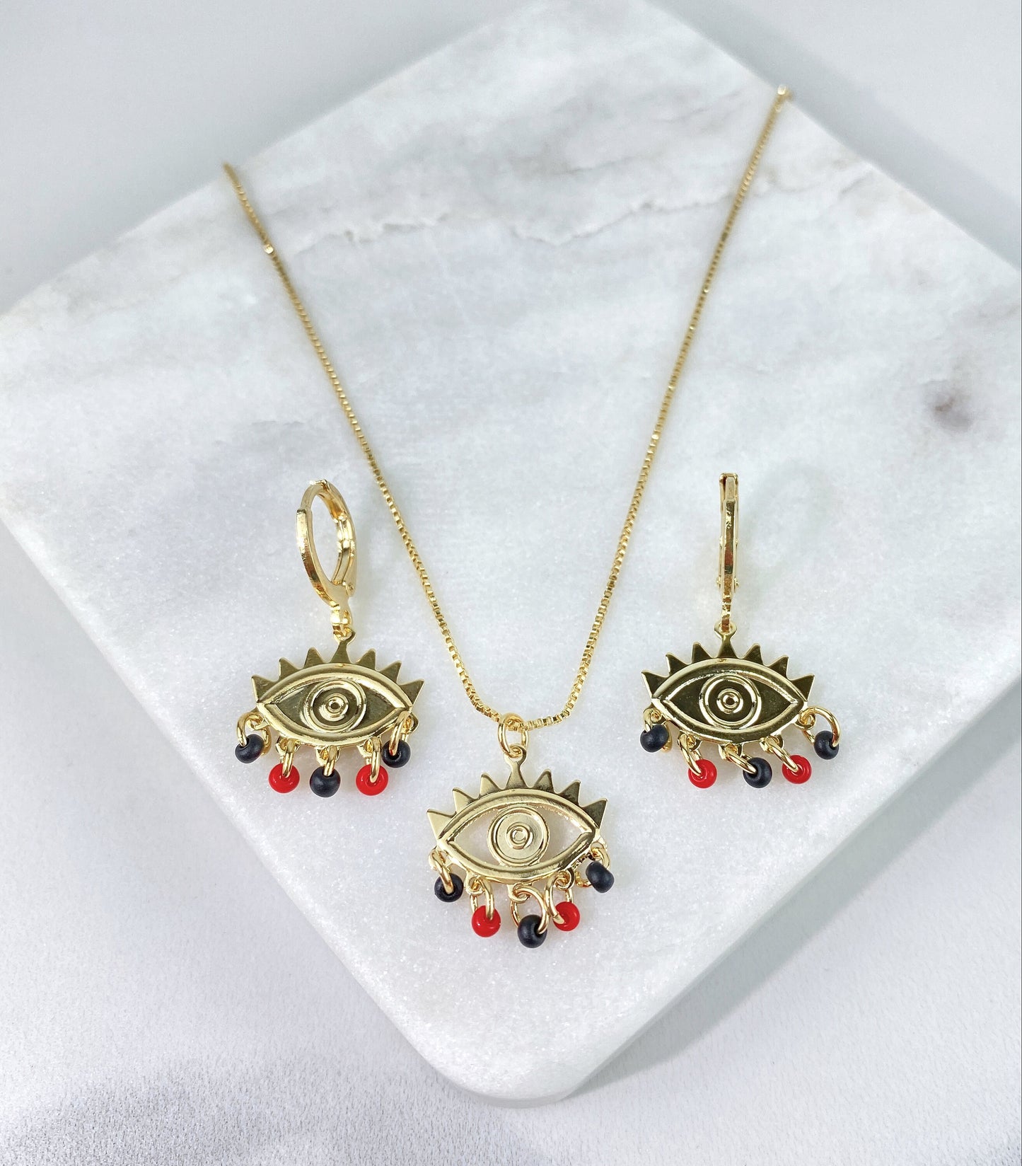 18k Gold Filled 1mm Box Chain, Red and Black Beads, Azabache Style, Evil Eyes Necklace & Earrings Set, Wholesale Jewelry Supplies