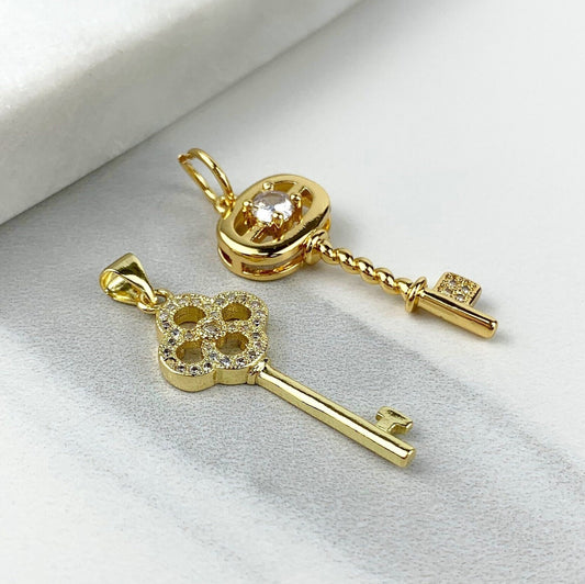 18k Gold Filled Cubic Zirconia Key, Vintage Style, Oval or Clover, Pendant Charms Wholesale Jewelry Making Supplies
