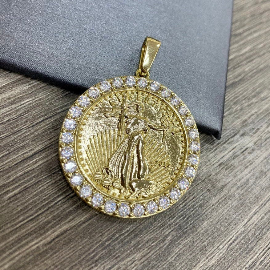 18k Gold Filled Lady Liberty Coin Pendant Surrounded By Cubic Zirconia Stones Wholesale Jewelry Making Supplies