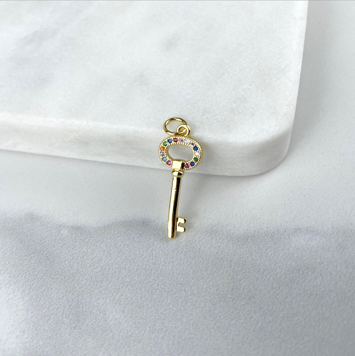 18k Gold Filled Key Pendants With Micro Pave Cubic Zirconia Clear or Multicolor Wholesale Jewelry Making Supplies