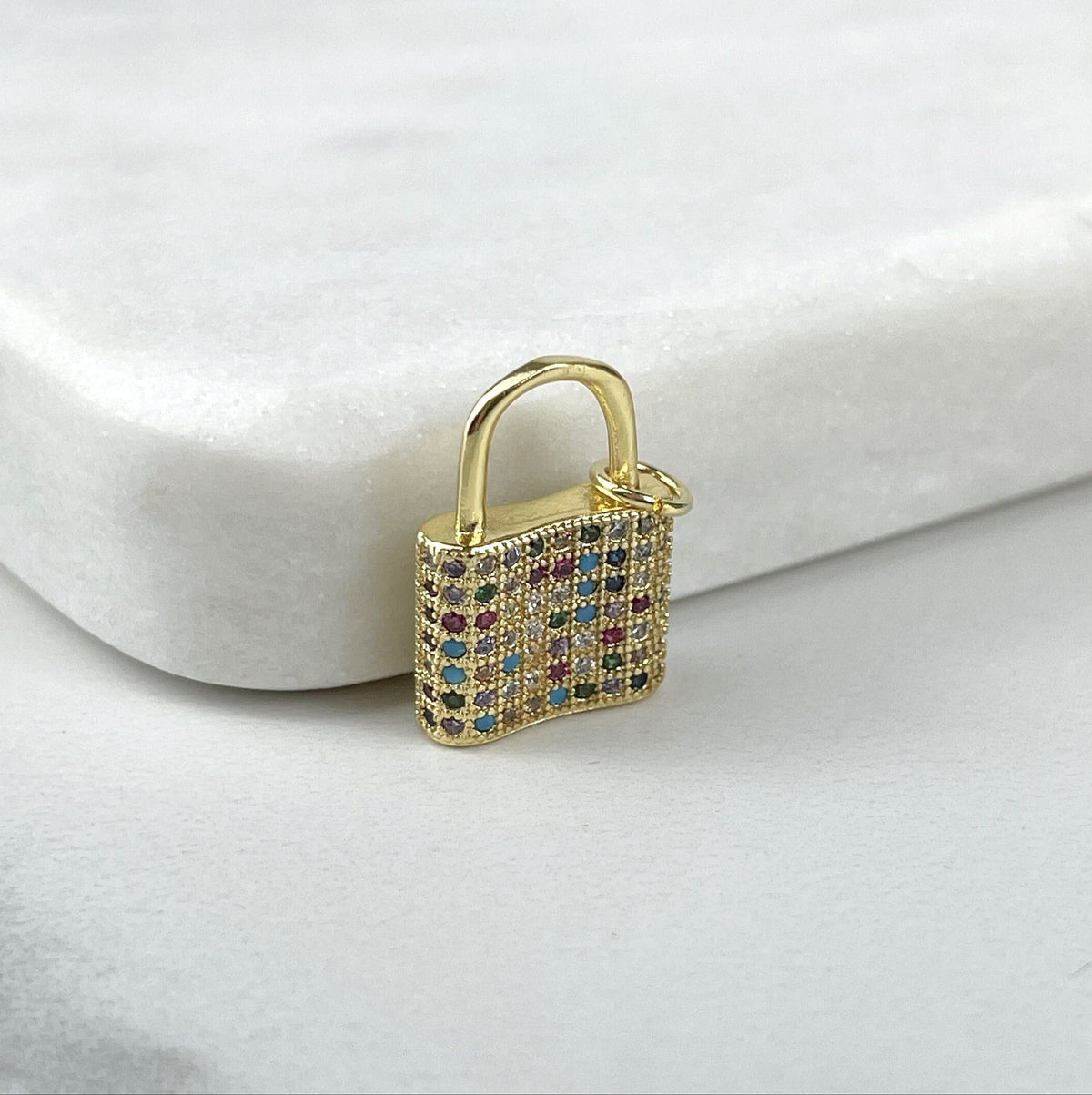 18k Gold Filled Lock Charms Featuring Micro Pave Cubic Zirconia In Clear, Multicolor or Heart Detail Wholesale Jewelry Making Supplies