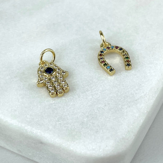 18k Gold Filled Micro Pave Cubic Zirconia Hamsa Hand or Horseshoe Charms Wholesale Jewelry Making Supplies