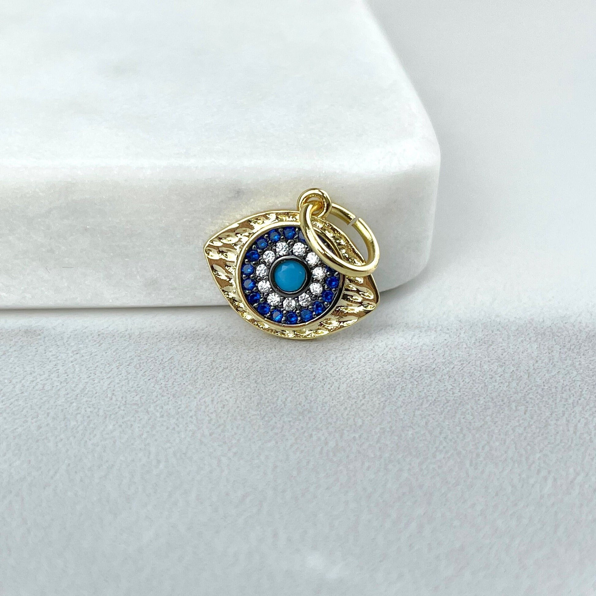 18k Gold Filled Micro Pave Cubic Zirconia Blue Evil Eyes Wholesale Jewelry Making Supplies