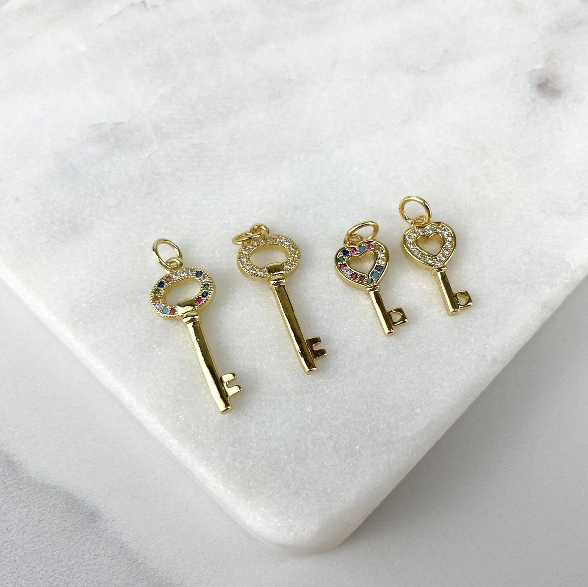 18k Gold Filled Key Pendants With Micro Pave Cubic Zirconia Clear or Multicolor Wholesale Jewelry Making Supplies