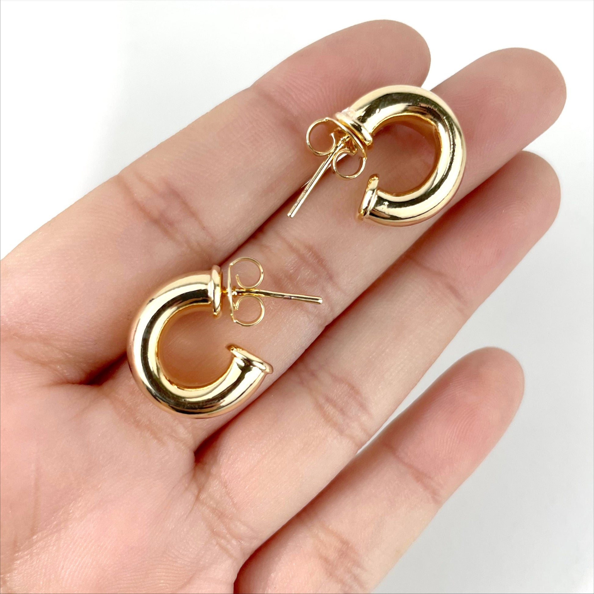 18k Gold Filled 15mm Donut Tubular Open, C-Hoop, Push Back Closure, Wholesale Jewelry Supplies