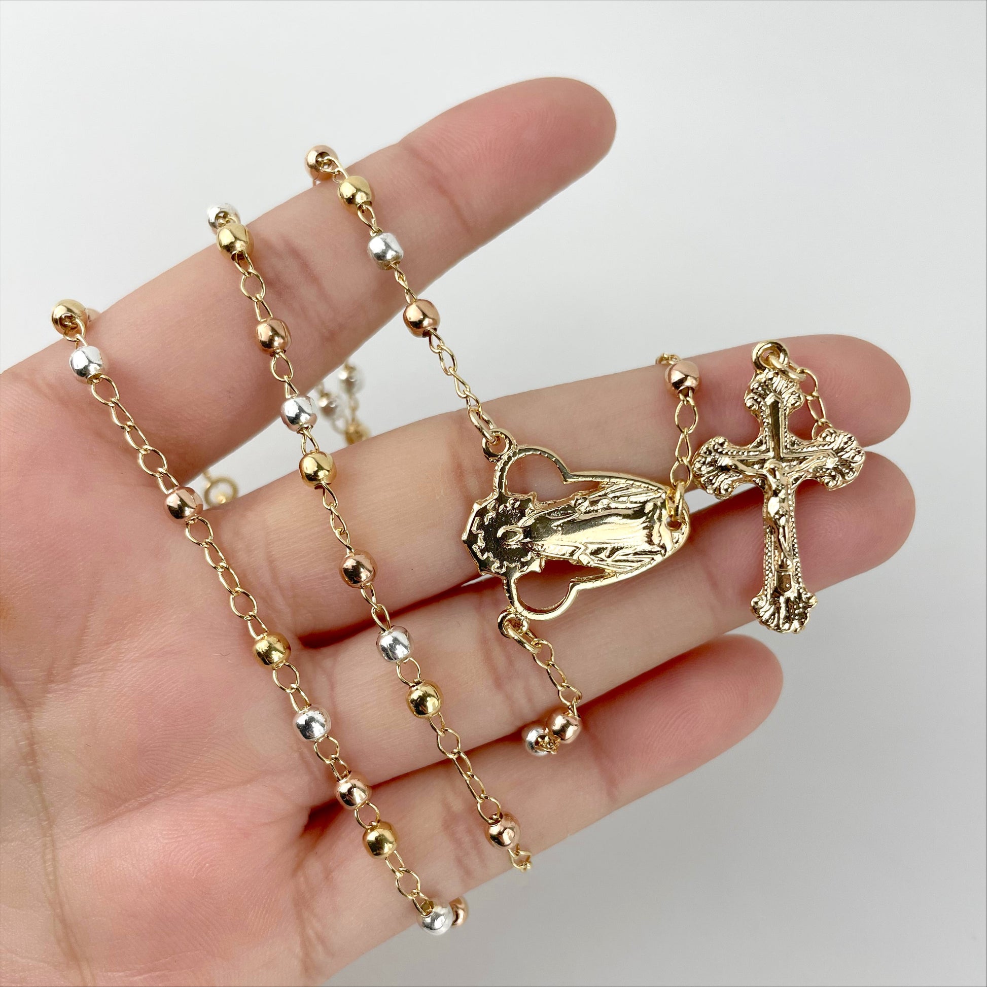 18k Gold Filled Virgen Milagrosa Three Tone Rosary With Crucifix, 20 Inches, Wholesale Jewelry Making Supplies