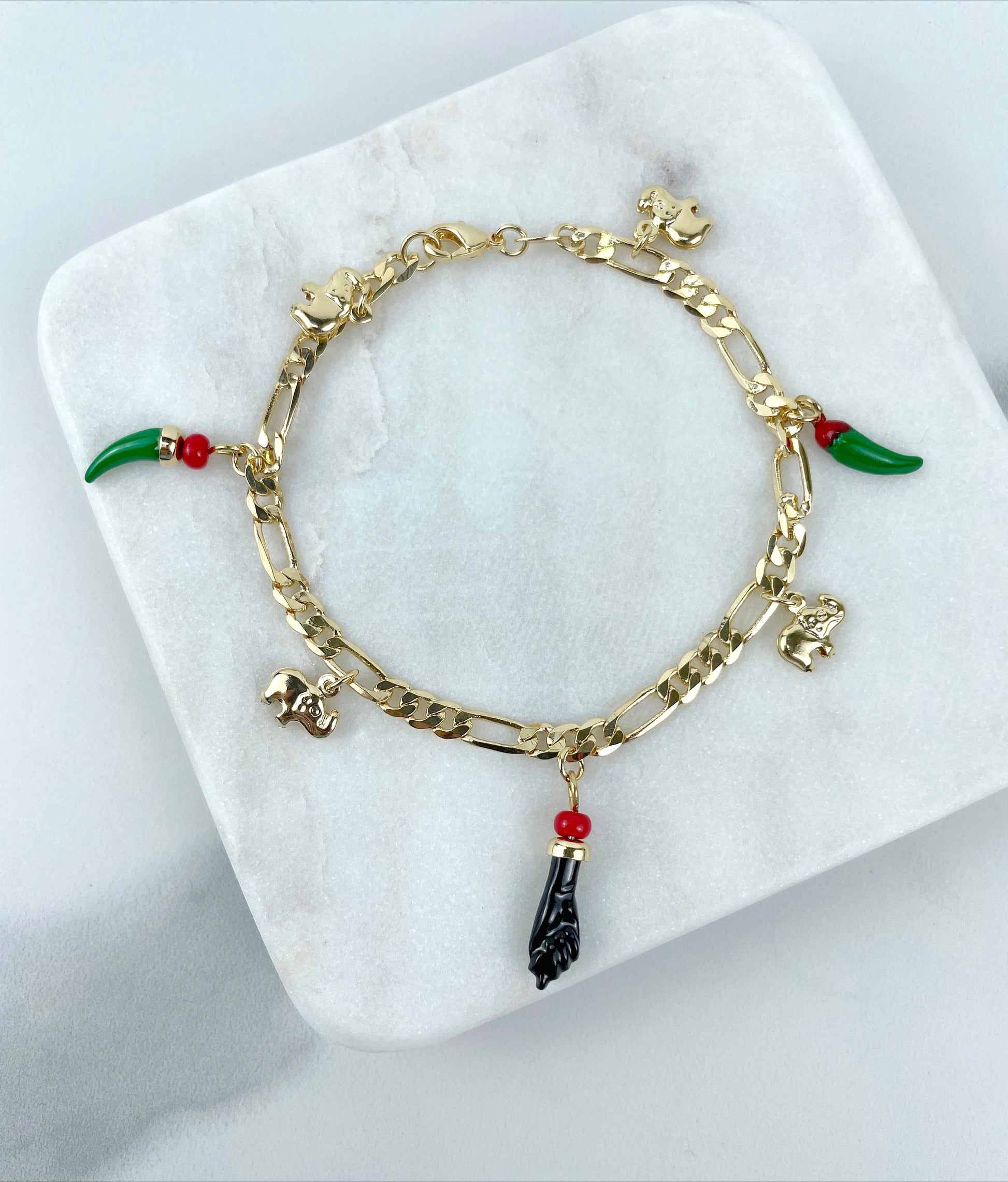 18k Gold Filled 4mm Mariner Link, Elephants, Red Green Chili, Figa Hand Charms Bracelet, Lucky & Protection, Wholesale Jewelry Supplies