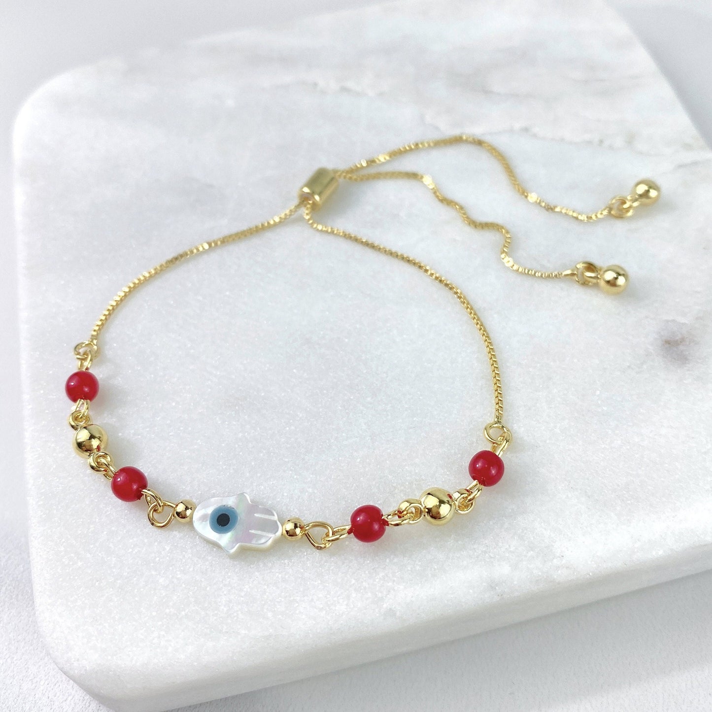 18k Gold Filled 1mm Box Chain, Red & Gold Beads, Blue Evil Eye Hamsa Hand, Adjustable Bracelet, Wholesale Jewelry Making Supplies