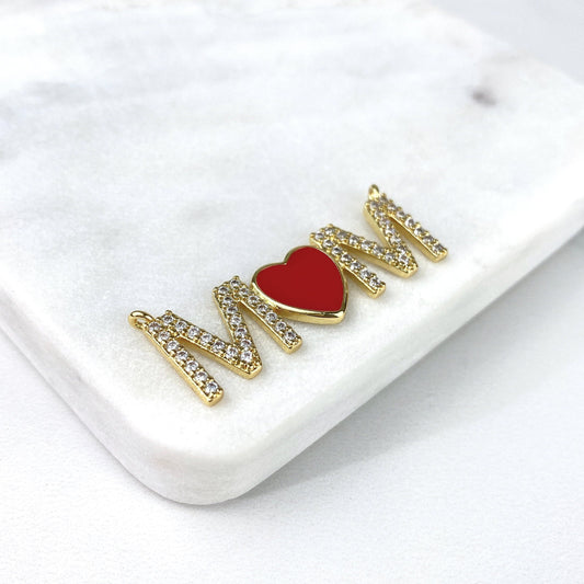 18k Gold Filled Cubic Zirconia & Enamel MOM Name Letters and Red Heart Charms Pendant, Wholesale Jewelry Making Supplies