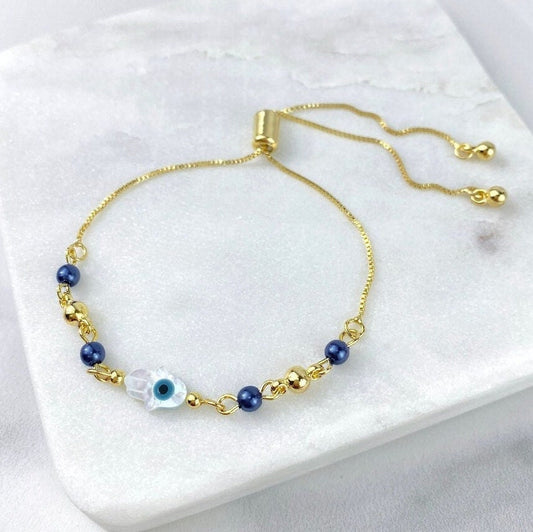 18k Gold Filled 1mm Box Chain Blue & Gold Beads, Blue Eye Hamsa Hand, Adjustable Bracelet, Wholesale Jewelry Making Supplies
