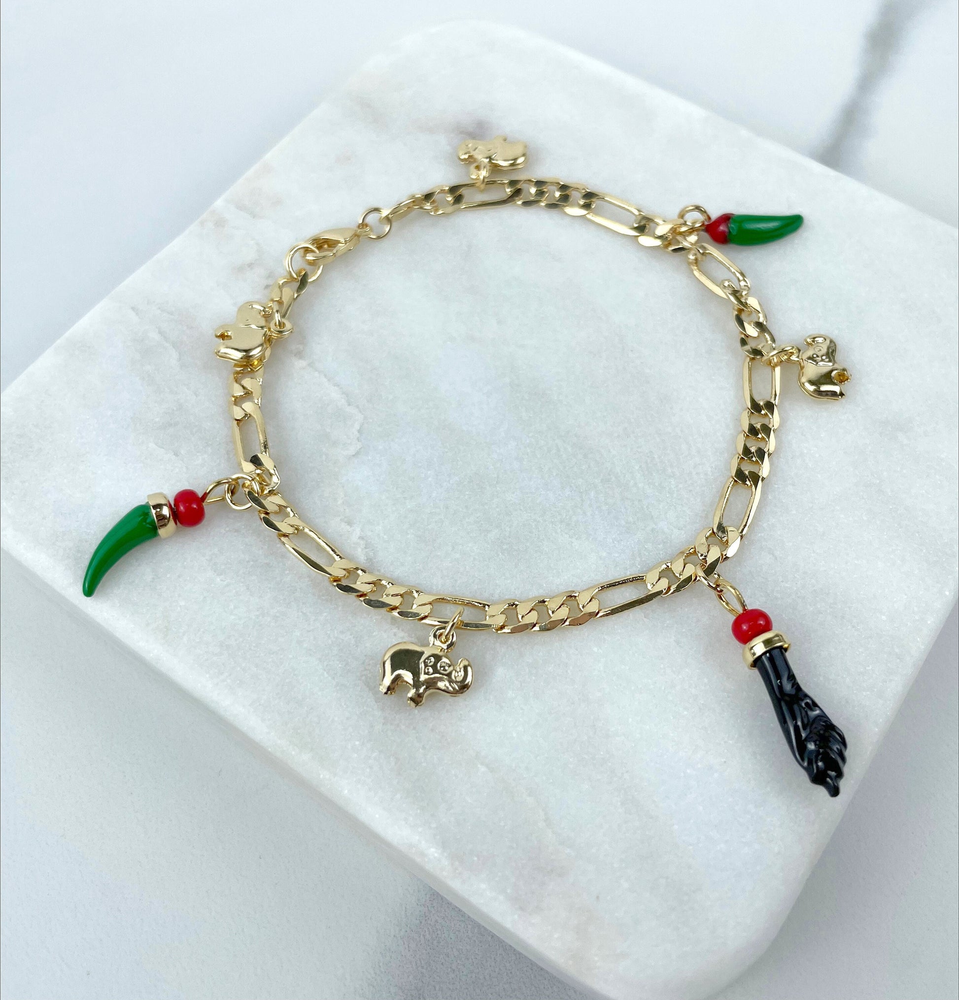 18k Gold Filled 4mm Mariner Link, Elephants, Red Green Chili, Figa Hand Charms Bracelet, Lucky & Protection, Wholesale Jewelry Supplies