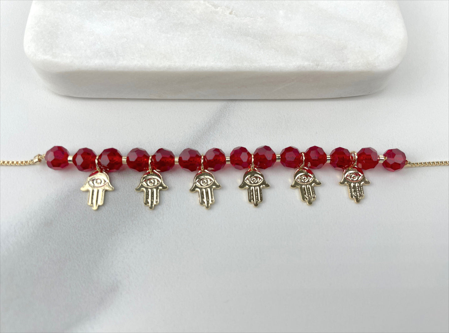 18k Gold Filled 1mm Box Chain, Red Beads, Hamsa Hand Charms Bracelet, Lucky & Protection, Wholesale Jewelry Making Supplies